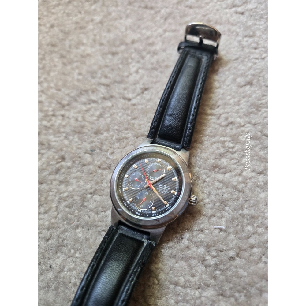 Casio Watch Mens Day Date 24 Hour Subdial Black‎ Dial Quartz Modern Prep vtg
